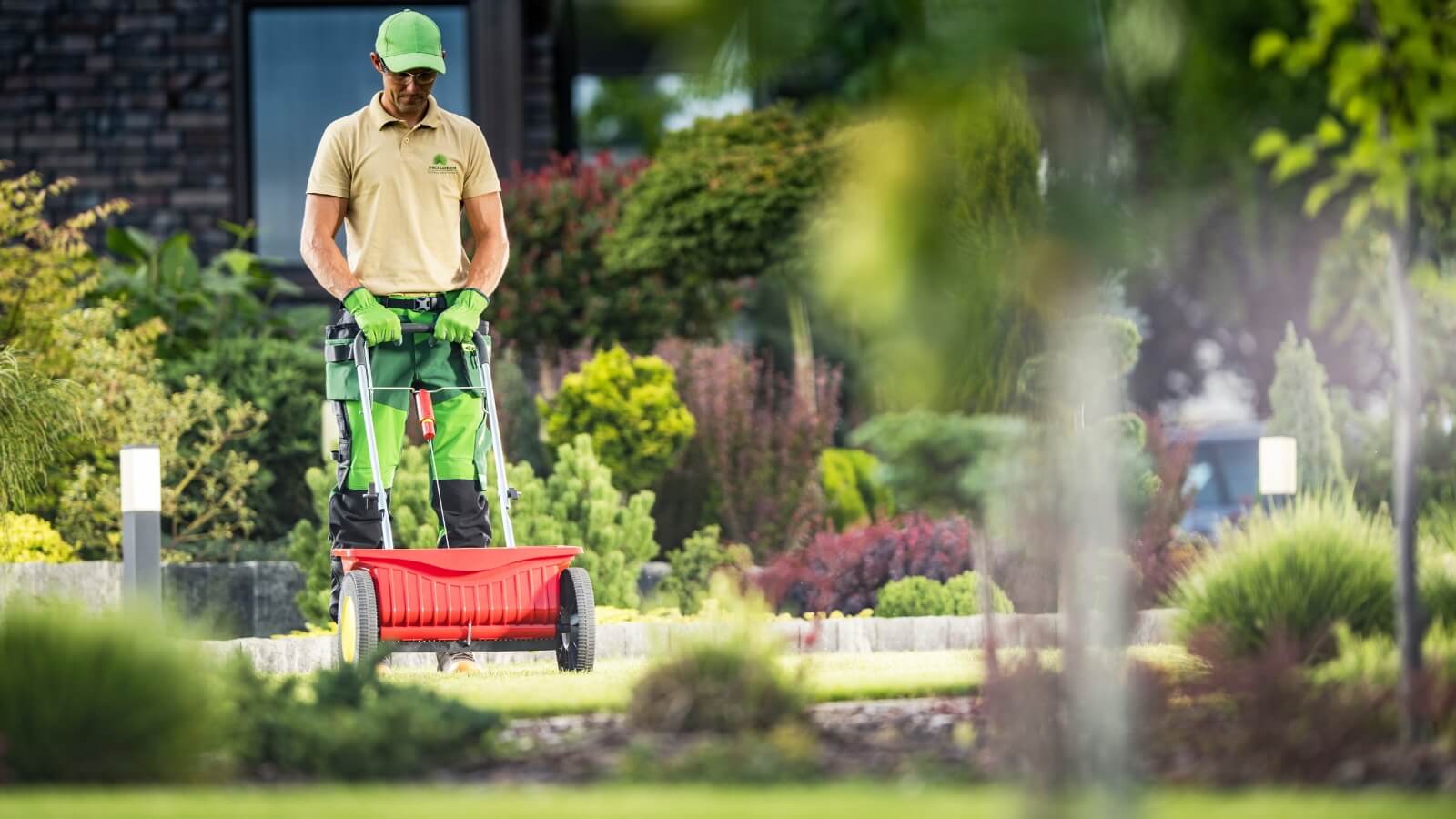 A person is mowing the lawn with a lawn mower