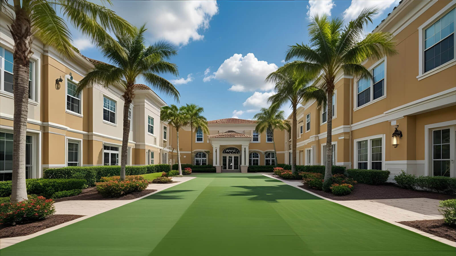 A well-maintained commercial courtyard featuring a large artificial turf walkway, flanked by palm trees and professional landscaping.