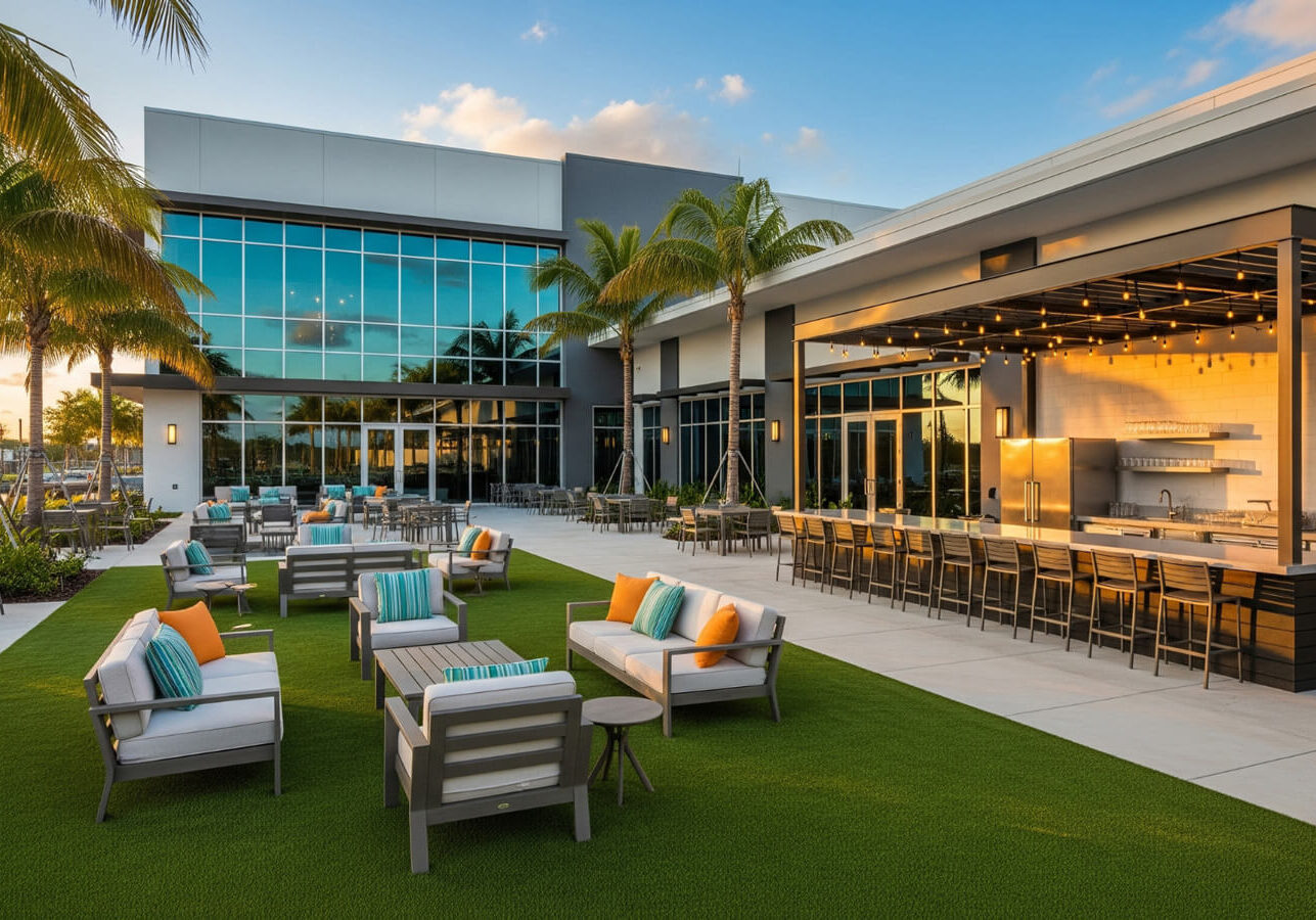 An outdoor bar and lounge area for a commercial property, featuring comfortable seating on a clean artificial turf lawn.