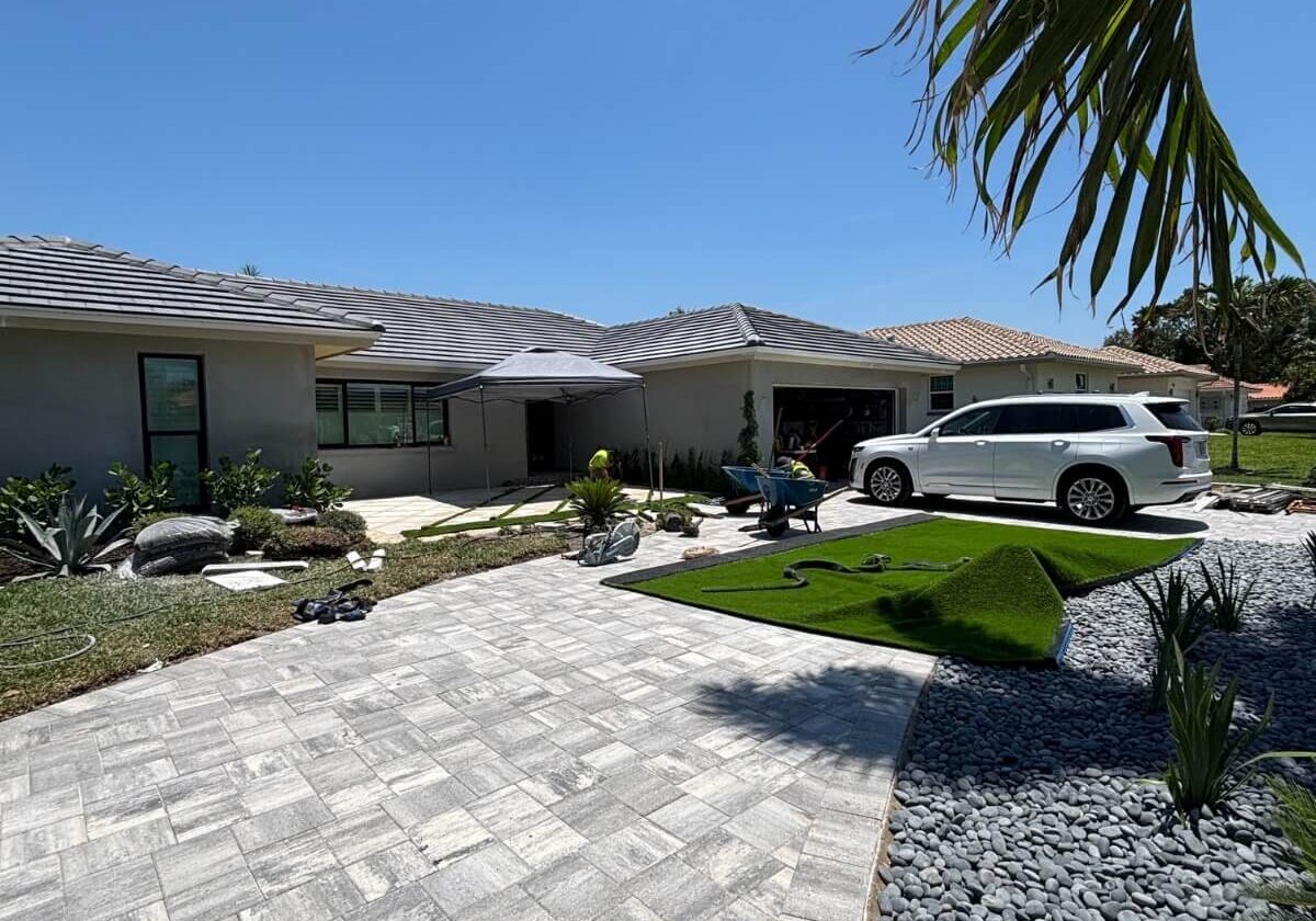 modern driveway with turf pebbles