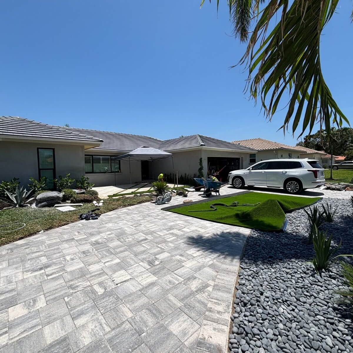 modern driveway with turf pebbles