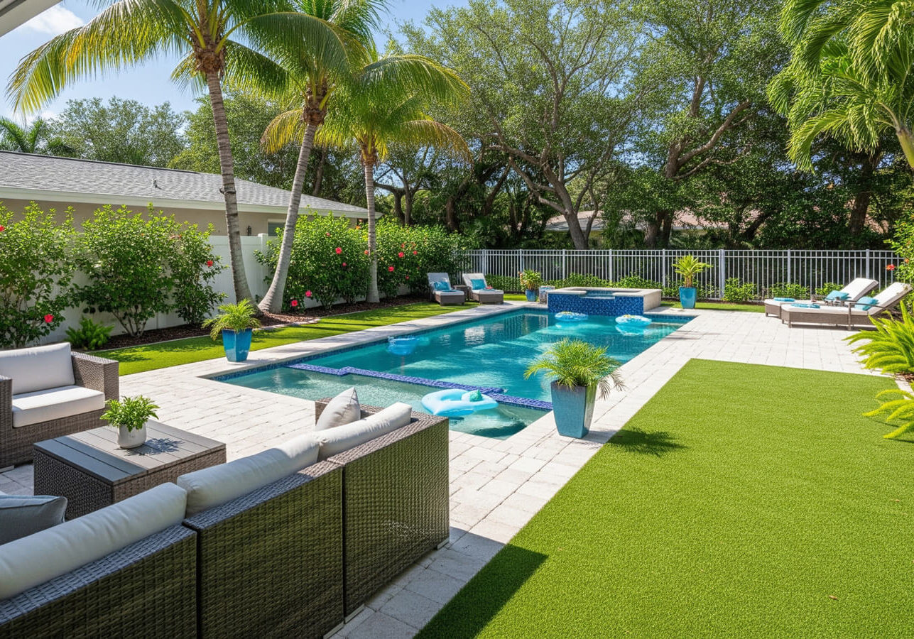 A professionally installed residential artificial turf lawn in a backyard featuring a swimming pool and patio.